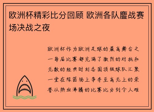 欧洲杯精彩比分回顾 欧洲各队鏖战赛场决战之夜